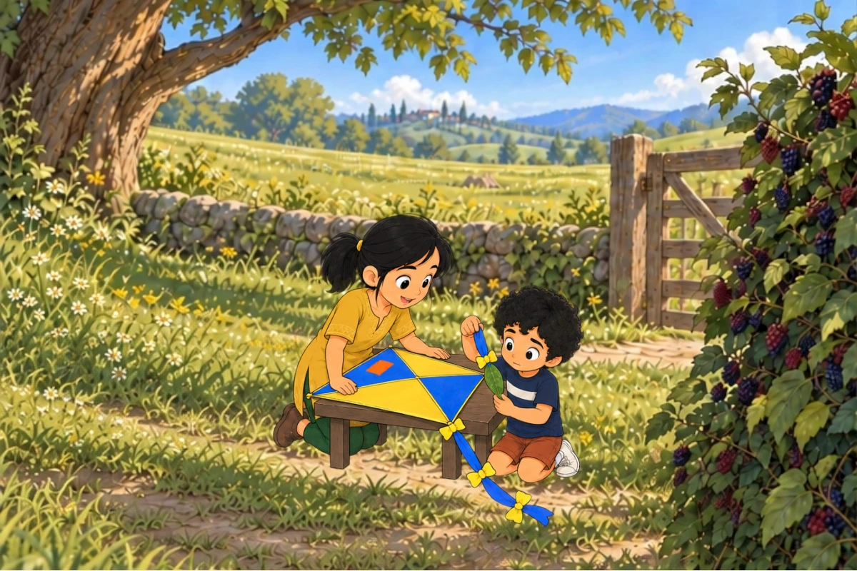 Kite flat on bench, Dev traces blue tail/yellow bows toward one curled green leaf. Tara holds frame, mulberry bush visible by same gate. Occupant hidden.