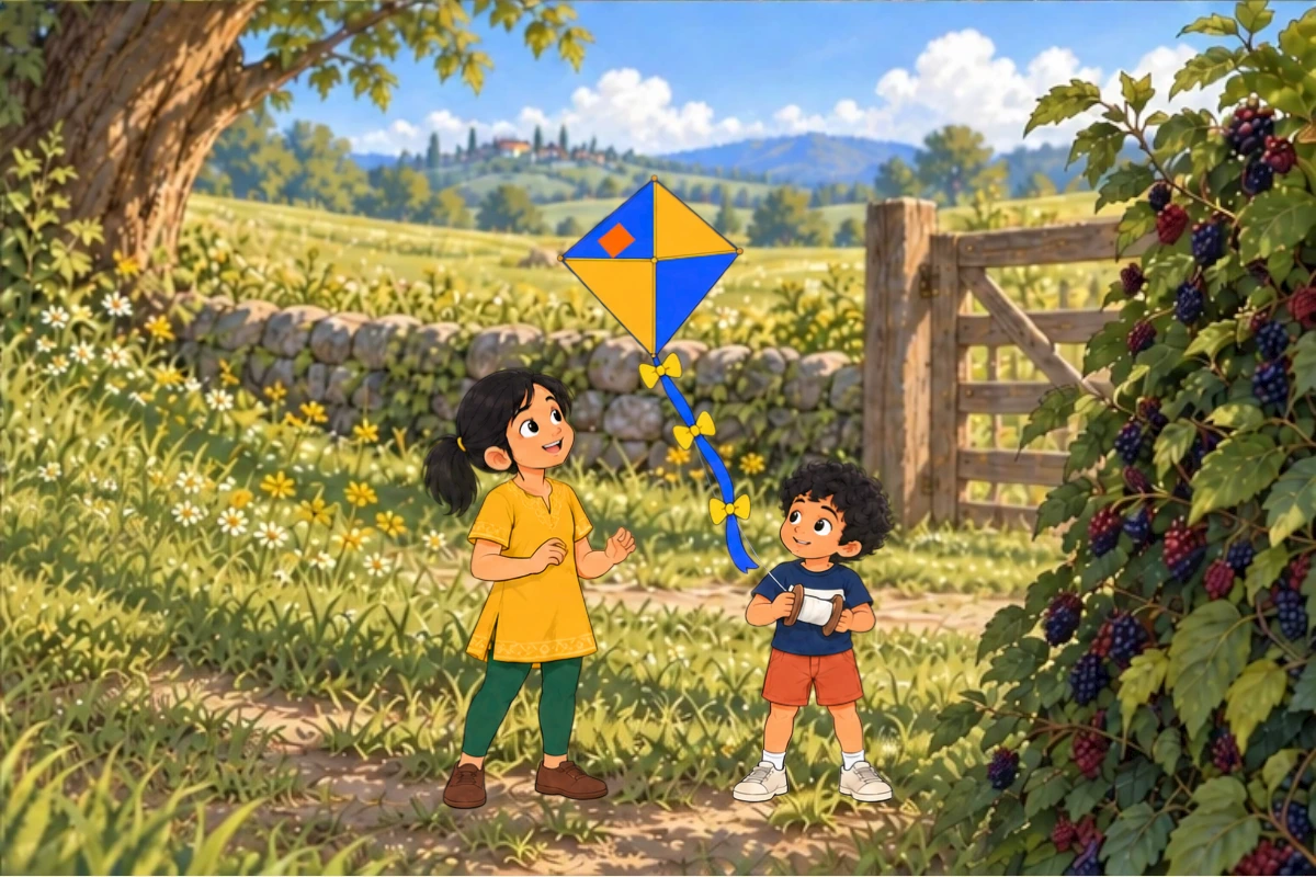 New safe meadow launch, trees/wires absent from flight area, Tara releases blue-gold kite with orange square patch, Dev grounded holding spool, yellow bows on blue tail.