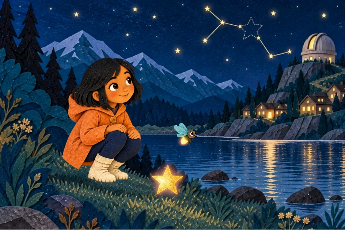 Luminous layered paper-theatre dusk; Nila by observatory pond compares an incomplete constellation to a small glow concealed in grass. Flick remains visibly smaller than the fallen star.