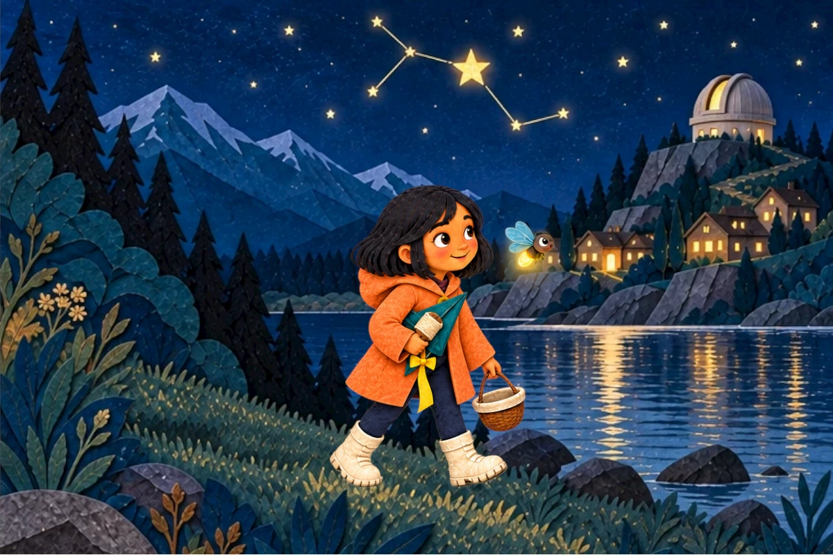 Restored constellation reflected in pond; Nila holding empty basket with same lining and folded safely recovered kite. Flick remains with Nila; no duplicate star in basket.