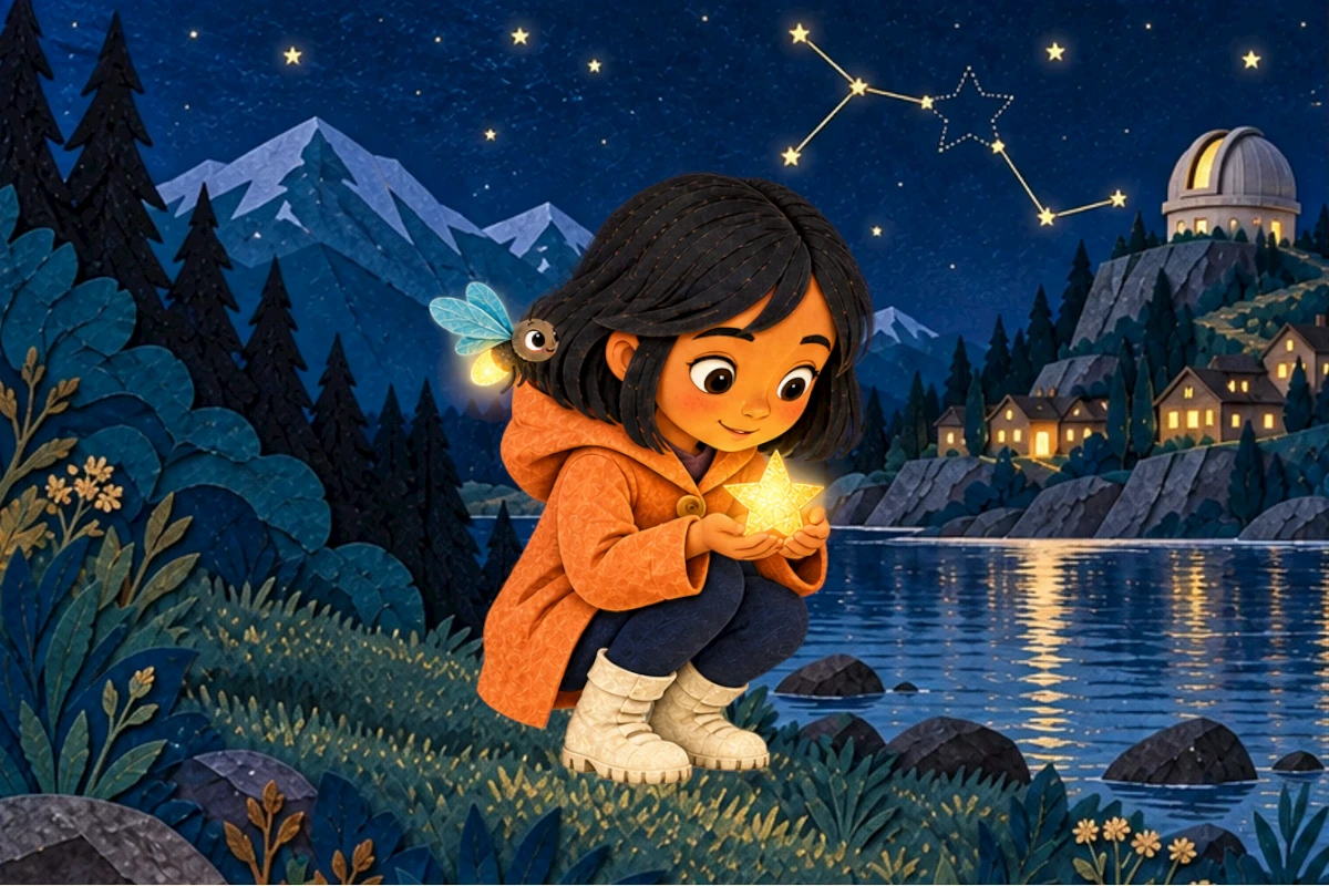Original pond-side discovery extended with careful cupped-hand support, fixed star shape and Nila/Flick identities. Intimate ground-level composition.