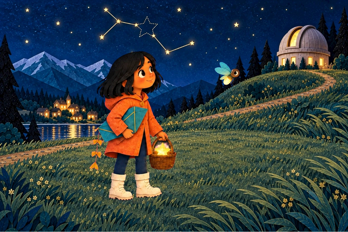 Existing uphill carrying composition, detached occupied basket in one hand, folded kite beneath other arm; broad safe grassy hilltop, not exposed cliff.