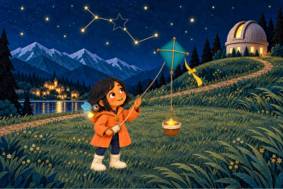 Second launch on broad hilltop; both suspension loops restored, taut string in Nila's hand, stable basket, Flick near shoulder. Same constellation gap.