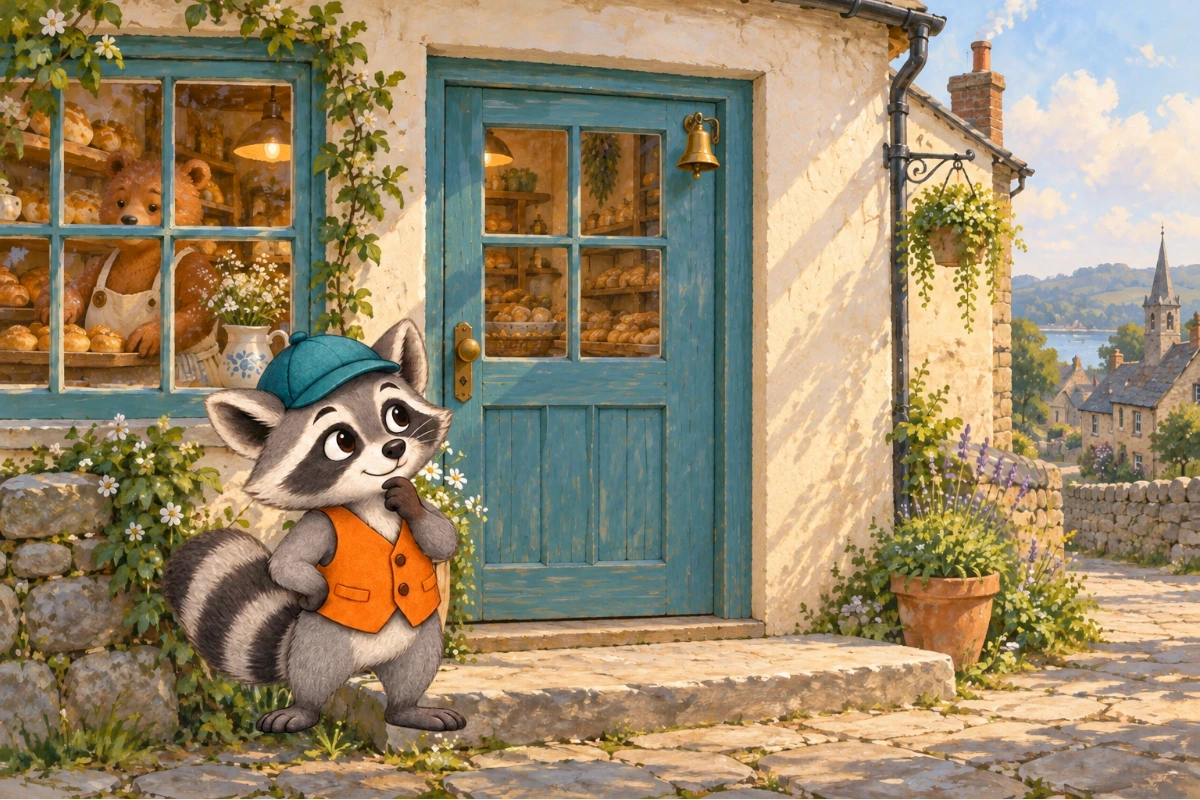 Comic mystery style, bakery exterior establishing shot. Rafi gray raccoon in teal cap and orange vest listens outside; cinnamon bear Bea and bread tray visible through window. Teal door closed; brass bell fixed to its moving upper edge. Missing apron button remains subtle.