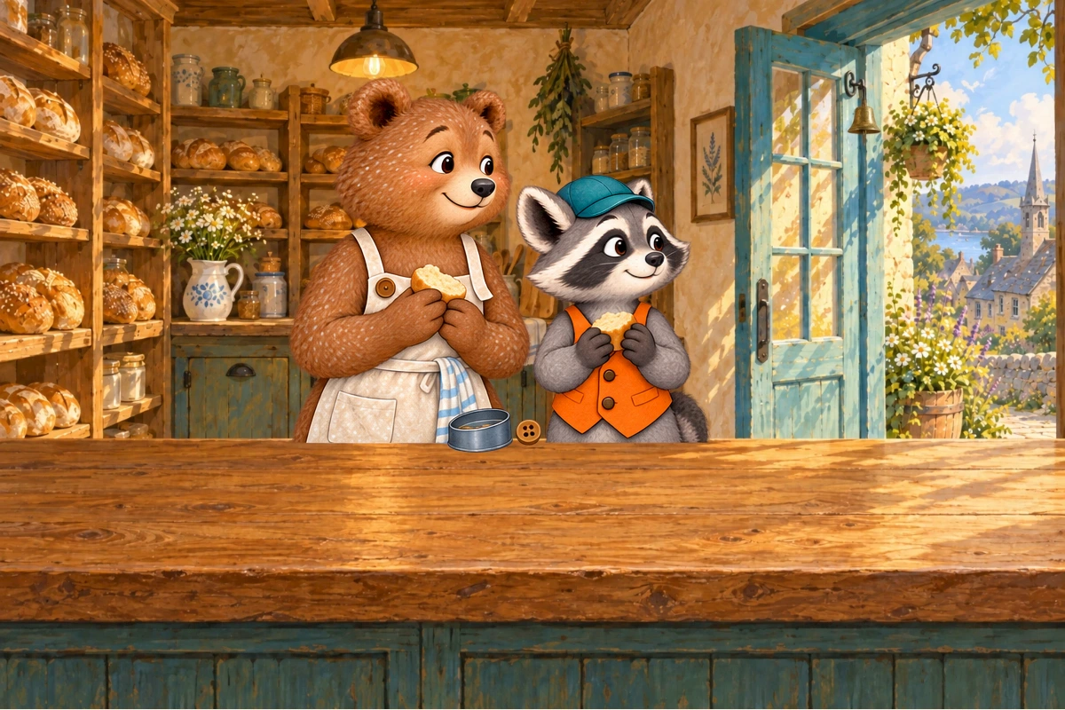 Warm bakery resolution with Rafi offering one wooden button and Bea recognizing missing apron fastener. Sewing tin and divided bun on counter, clear bell behind. Preserve original bear/raccoon scale.