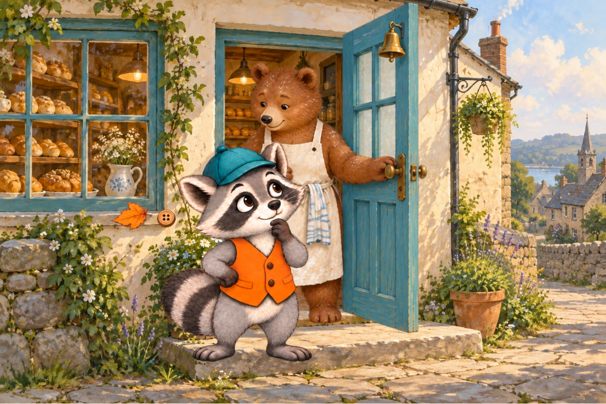 Low comic detective composition at doorstep. Rafi displays one wooden button and one loose leaf on sill; Bea observes. This loose leaf is distinct from curled leaf still hidden inside bell.