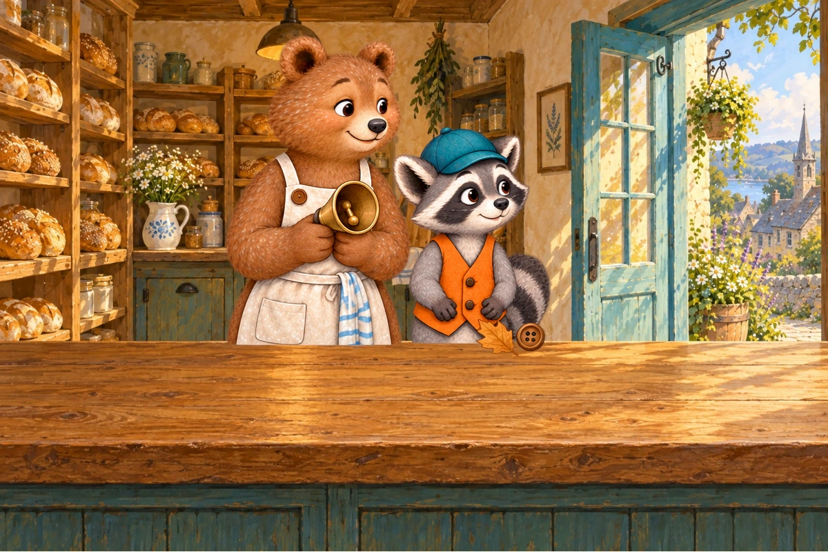 Bell free-standing test over counter, clapper visibly clear. Bea and Rafi react to result; leaf and button remain separated below. Door bracket still empty in background.