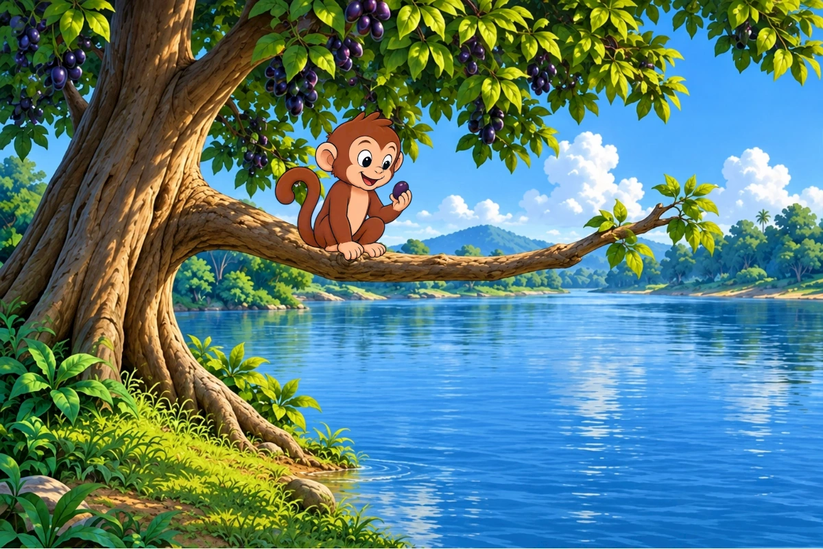 Monkey holds a ripe purple jamun while sitting on a continuous branch joined to his riverside tree.