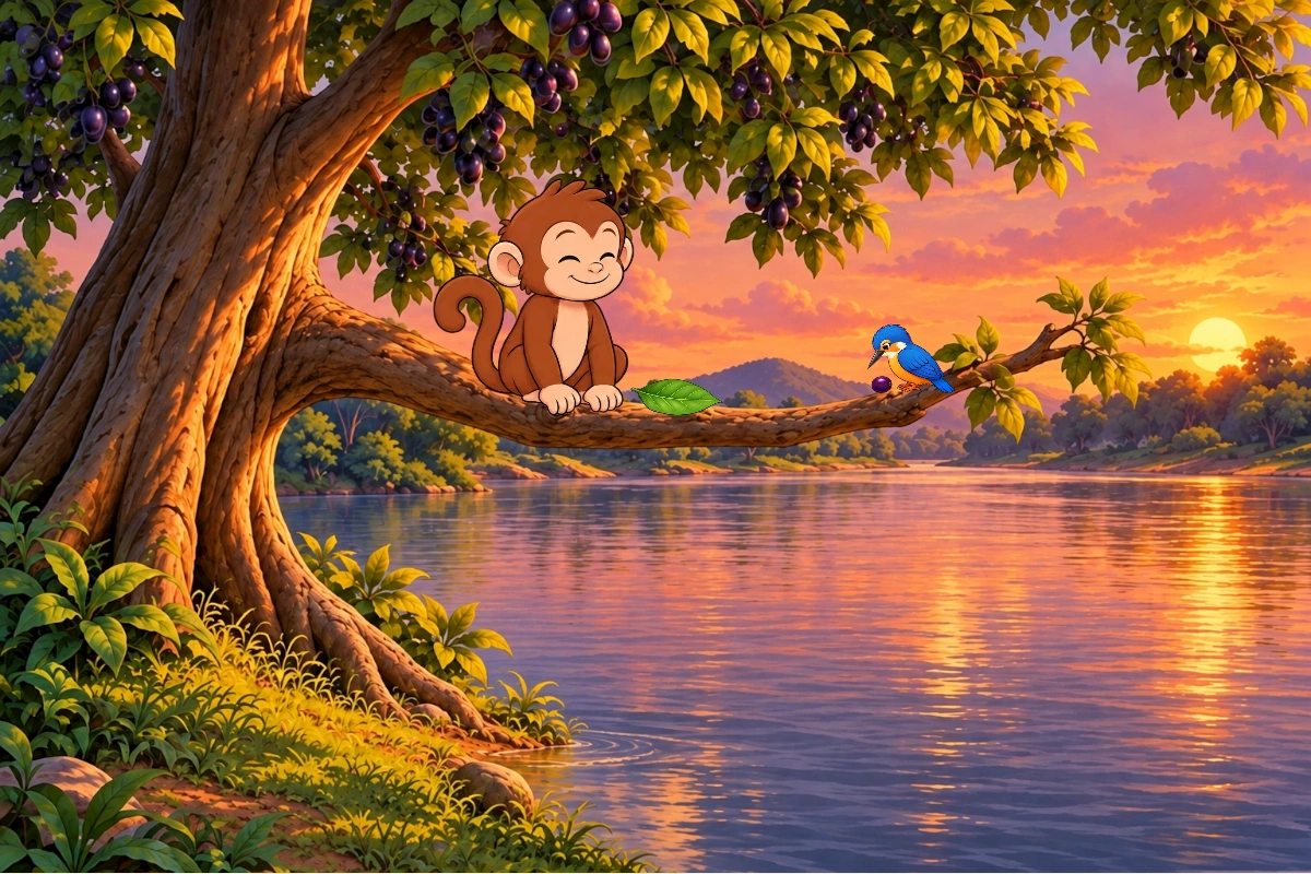 Monkey eats both saved jamuns in turn; a kingfisher brings its own berry to the evening branch.