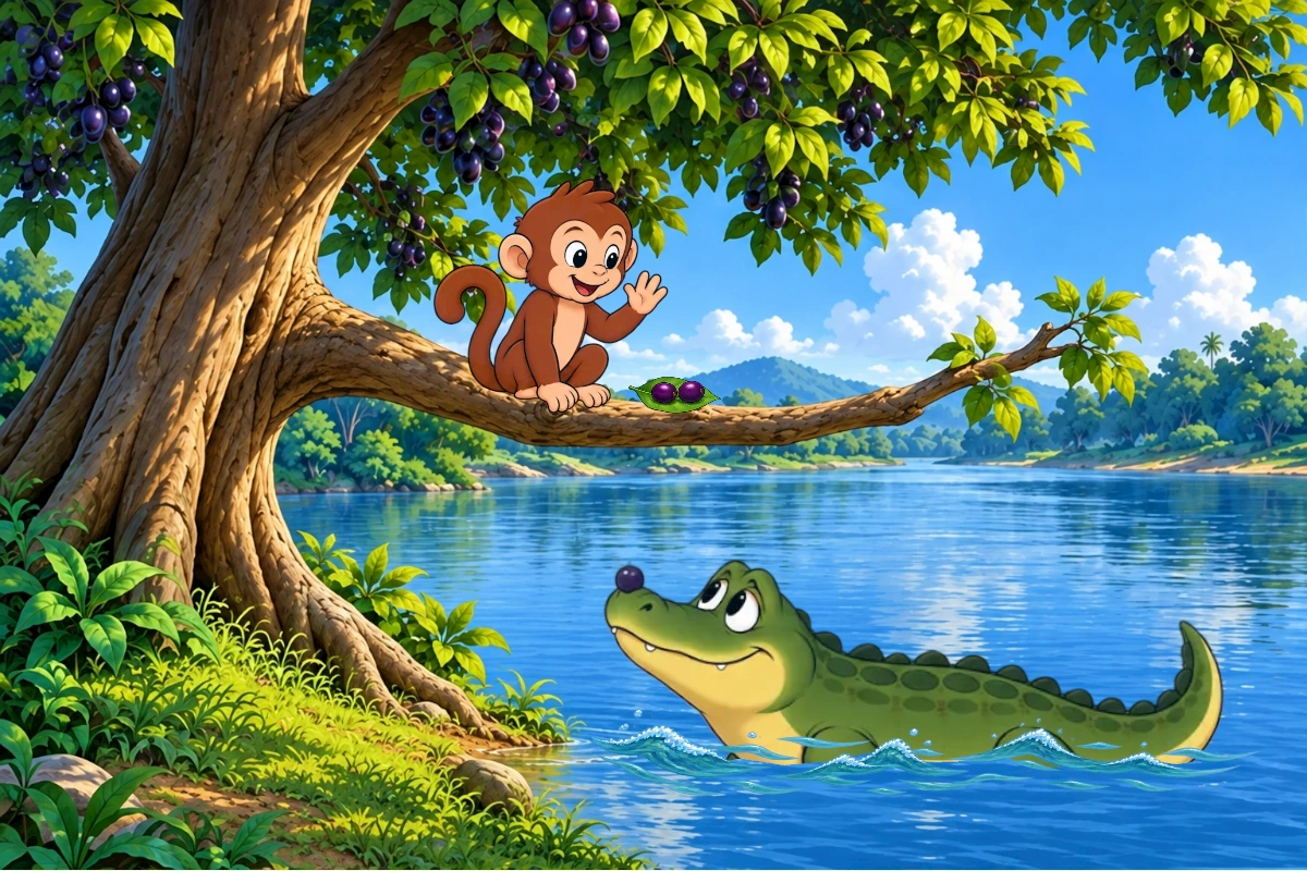 Monkey offers one jamun to the long-bodied Crocodile and keeps two on a leaf beside his branch.