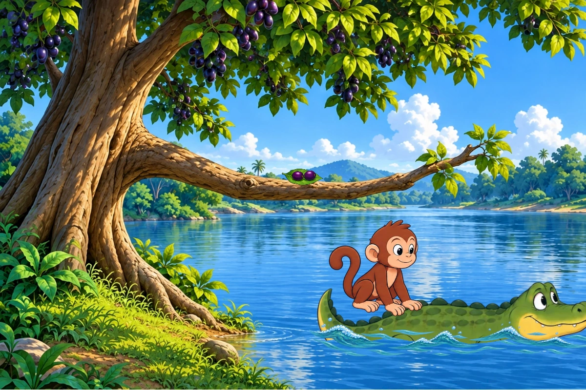 Monkey keeps one hand on the low branch as his foot reaches Crocodile’s back, then releases the branch only after he is supported.