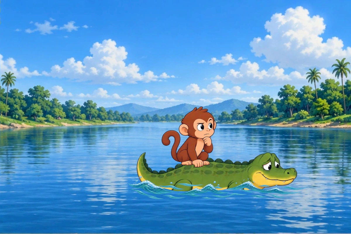 Crocodile glances back guiltily; Monkey grips firmly, then gathers a thought.