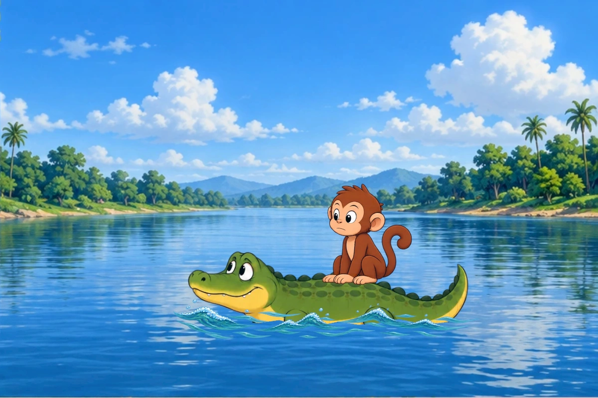 Monkey points home and holds tight while Crocodile turns once to return.