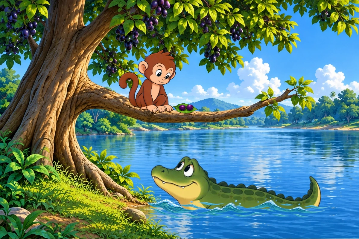 Monkey pushes off Crocodile's back, catches the low branch with both hands and climbs to safety.
