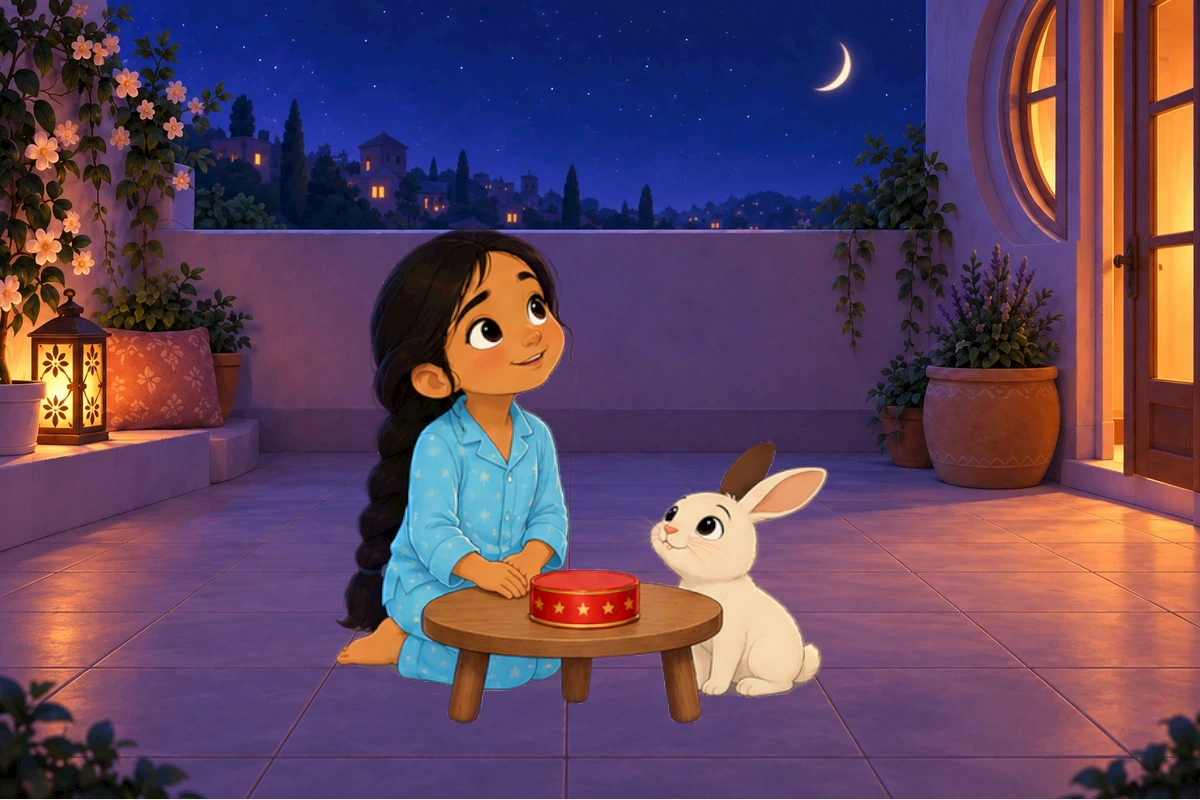 Graphic night-glow terrace, Asha long dark braid/blue star pyjamas, white rabbit Chiku with one brown left ear, empty round red tin, crescent moon. Same cast scale.
