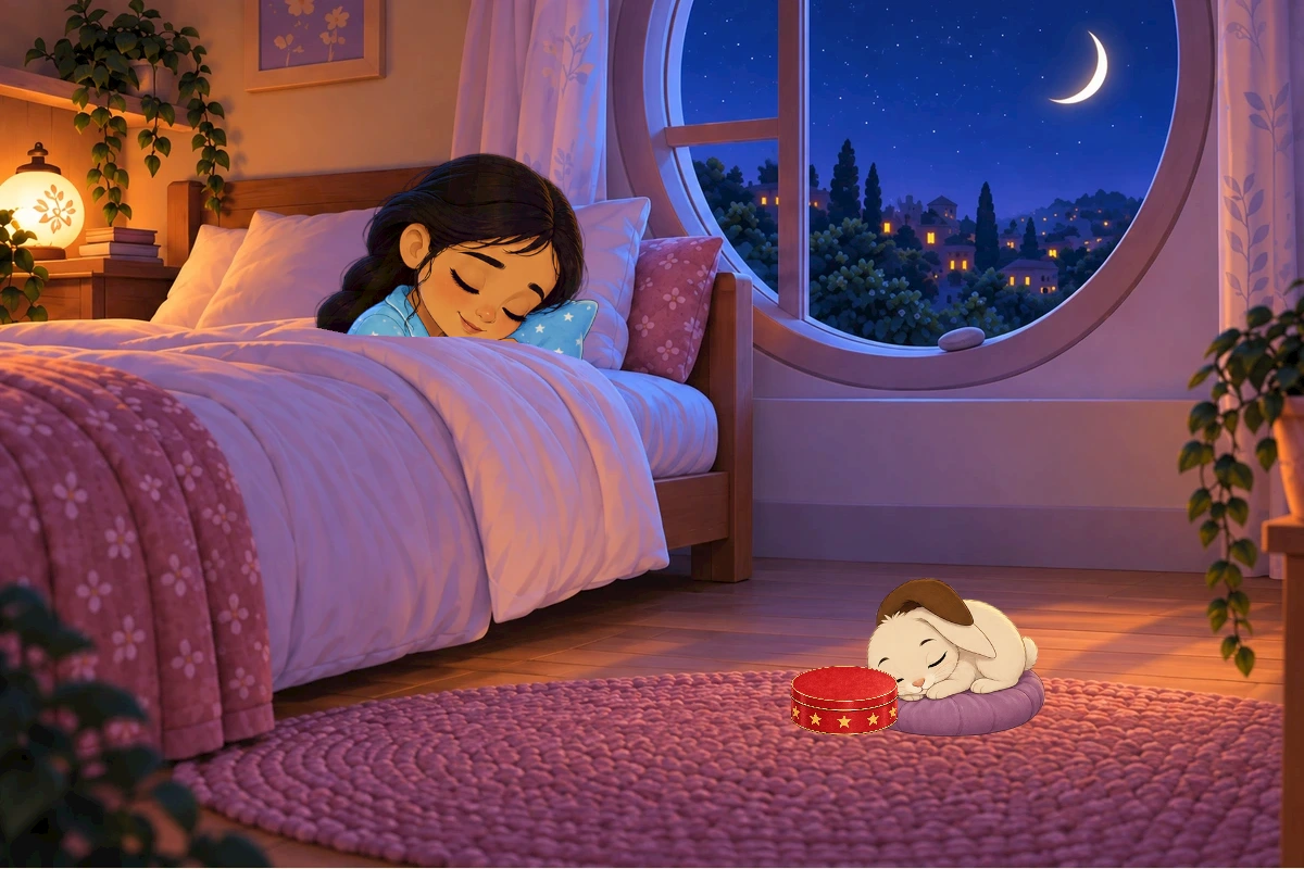 Existing bedroom finish, Asha in same star pyjamas, sleeping Chiku's brown left ear retained, empty closed red tin by bed, pebble on windowsill, crescent outside.