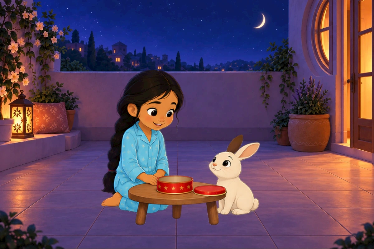 Closer inspection of empty open red tin; Asha questioning expression, Chiku sniffing then sitting. Do not depict imagined giant rice plate as actual prop.
