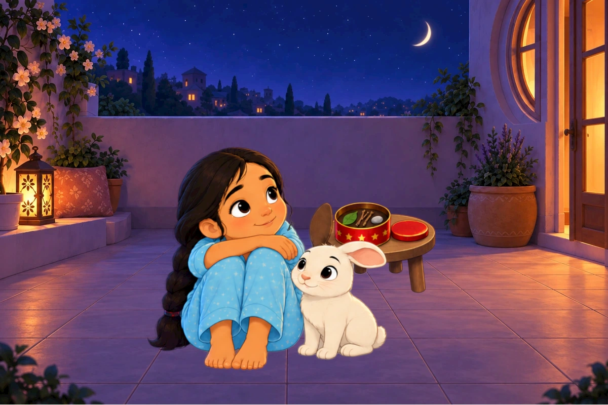 Asha seated beside Chiku, full unchanged lunchbox on table behind, crescent framed by two leaves. Calm acceptance, no visual sadness exaggeration.