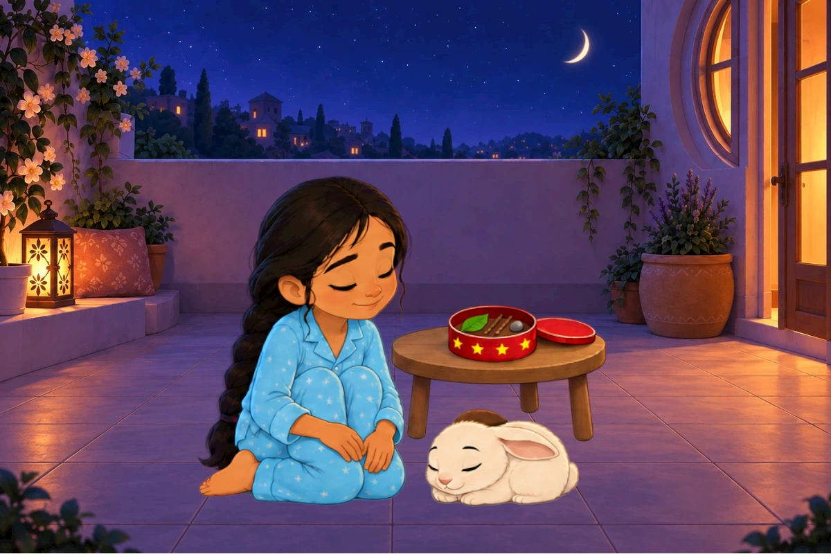 Quiet seated two-character composition, rabbit paws tucked, Asha hand resting beside not through fur, moon distant; untouched tin peripheral but legible.