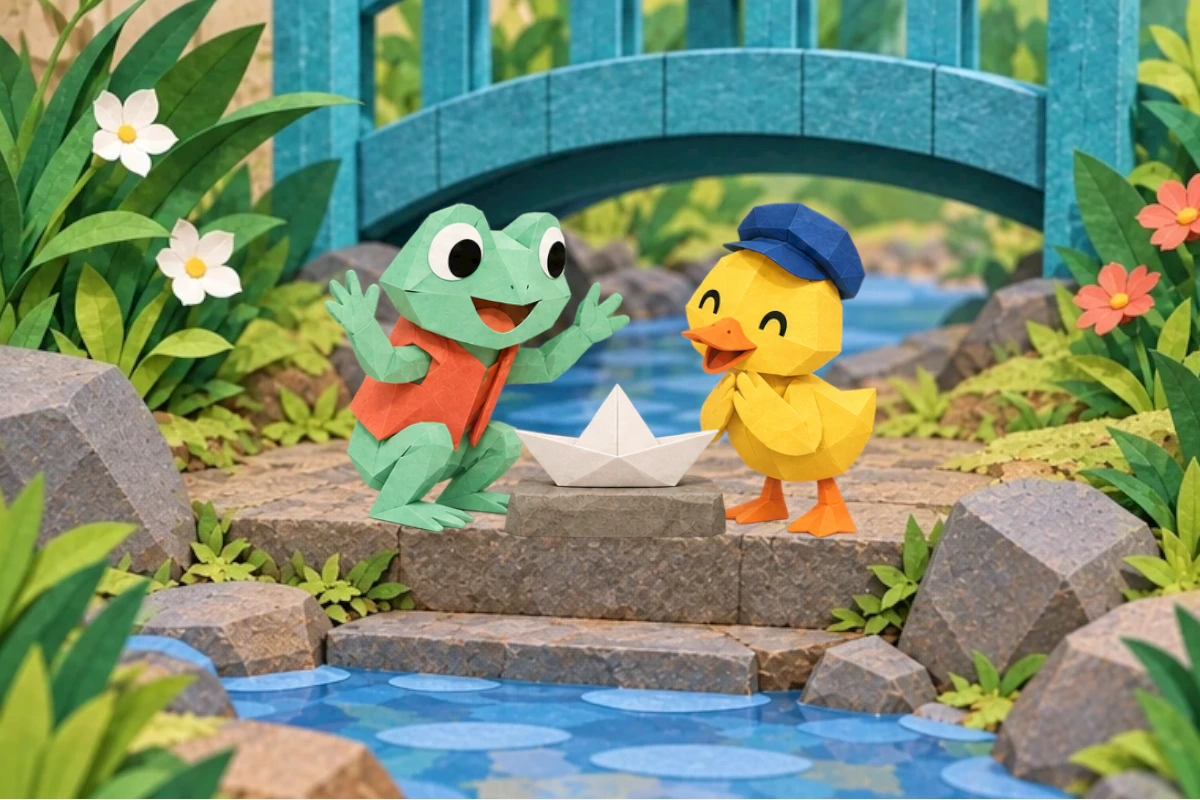 Tactile folded-paper world; mint-green frog Pip/coral vest and yellow duck Tala/blue cap build white paper boat on dry step, no captain mark yet.