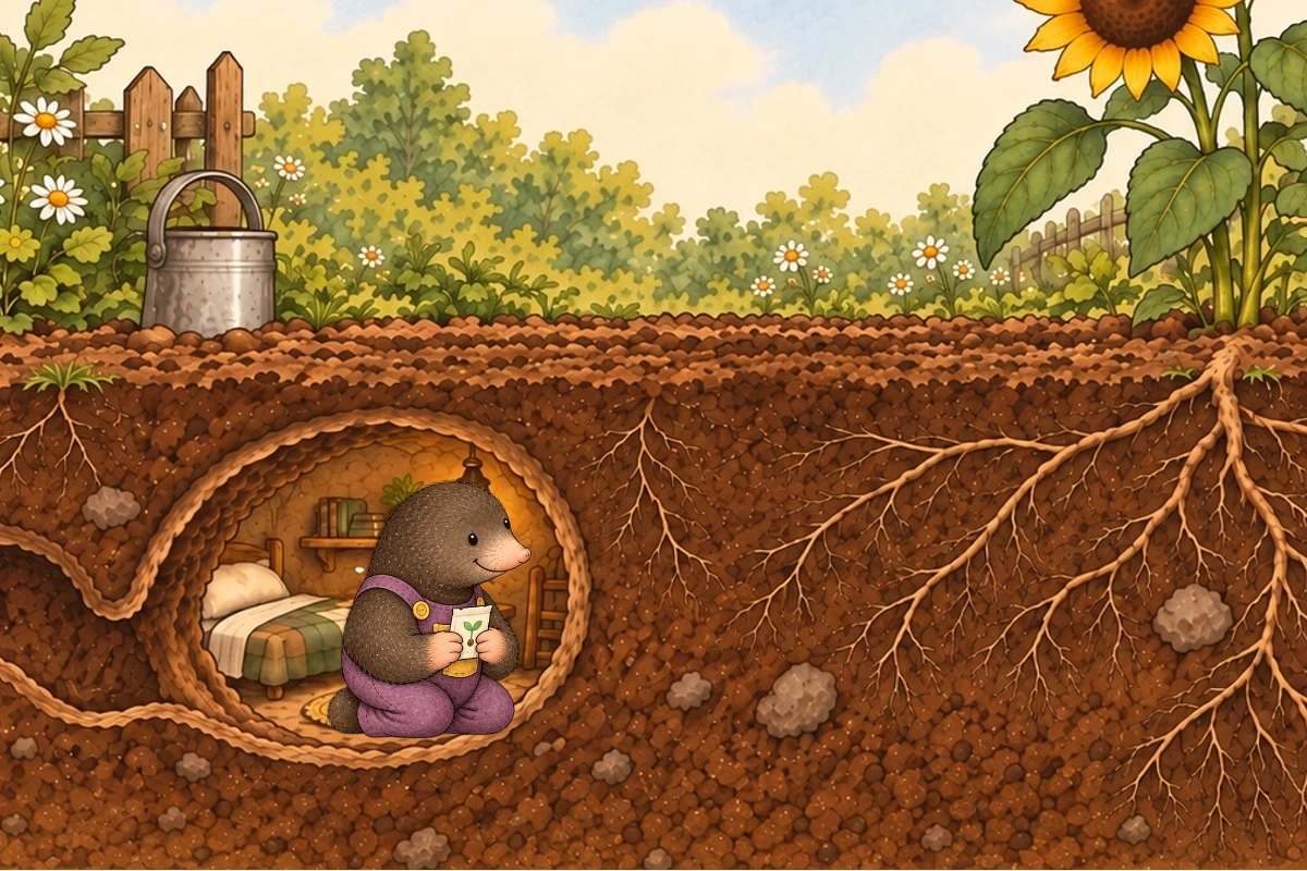 Ink-and-colour cross-section burrow, established little mole Milo with small seed packet and stone shelf. Preserve mole anatomy/costume from current source.