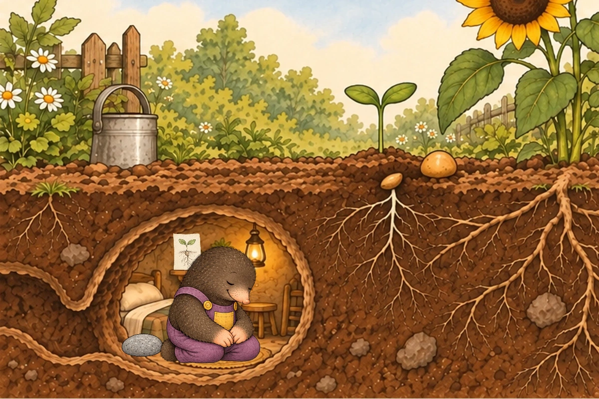 Calm whole burrow/plant cutaway, two modest green leaves connected to branched roots, marker fixed, Milo at sleeping nook and drawing on shelf.