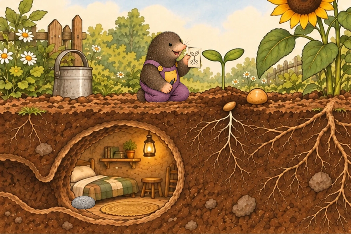 Fresh two-leaf shoot above same ochre pebble with complete connected roots below; Milo holding annotated packet. Do not upscale seedling into a mature garden.