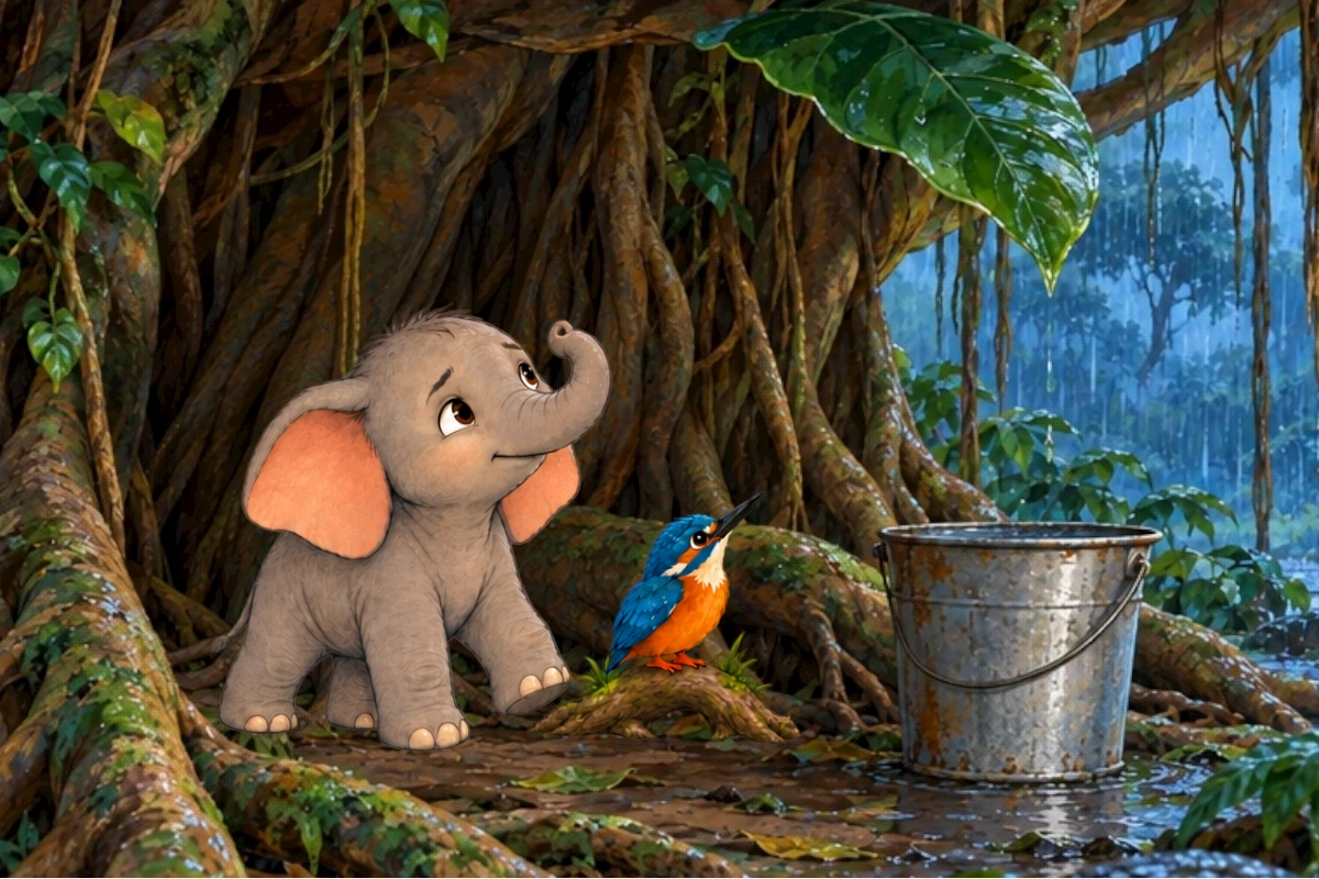 Painted monsoon style, gray elephant calf Tumbi and blue kingfisher Kiki at banyan clearing edge as first drops arrive; safe clear scale separation.