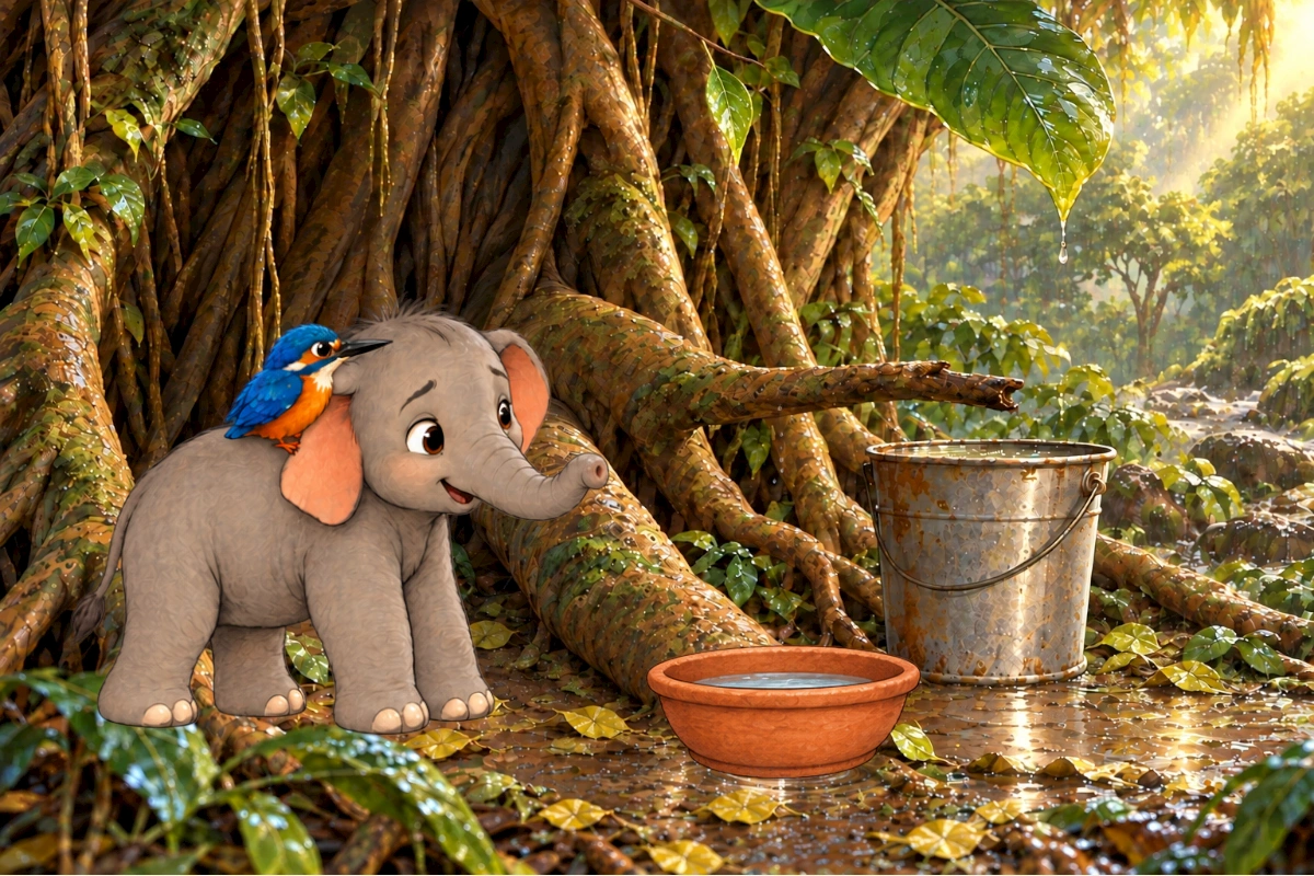 New sunny clearing ending, Tumbi walks carefully around puddle with Kiki on shoulder; bucket and clay bowl remain under banyan behind, roots retain established shapes.
