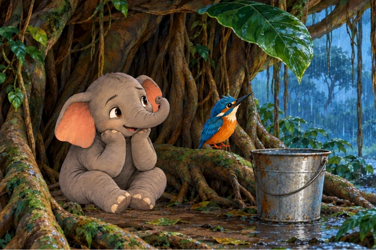 Tumbi seated under banyan with Kiki perched beside him, old metal bucket, close foreground pointed leaf collecting one drop. Existing monsoon identity and painted textures.