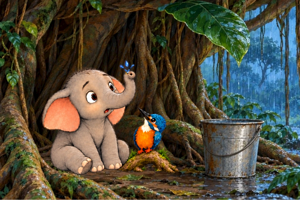 Listening experiment with Tumbi eyes closed, leaf and bucket separated visually, Kiki watching. Bucket water level remains low, one drop lands on trunk tip.