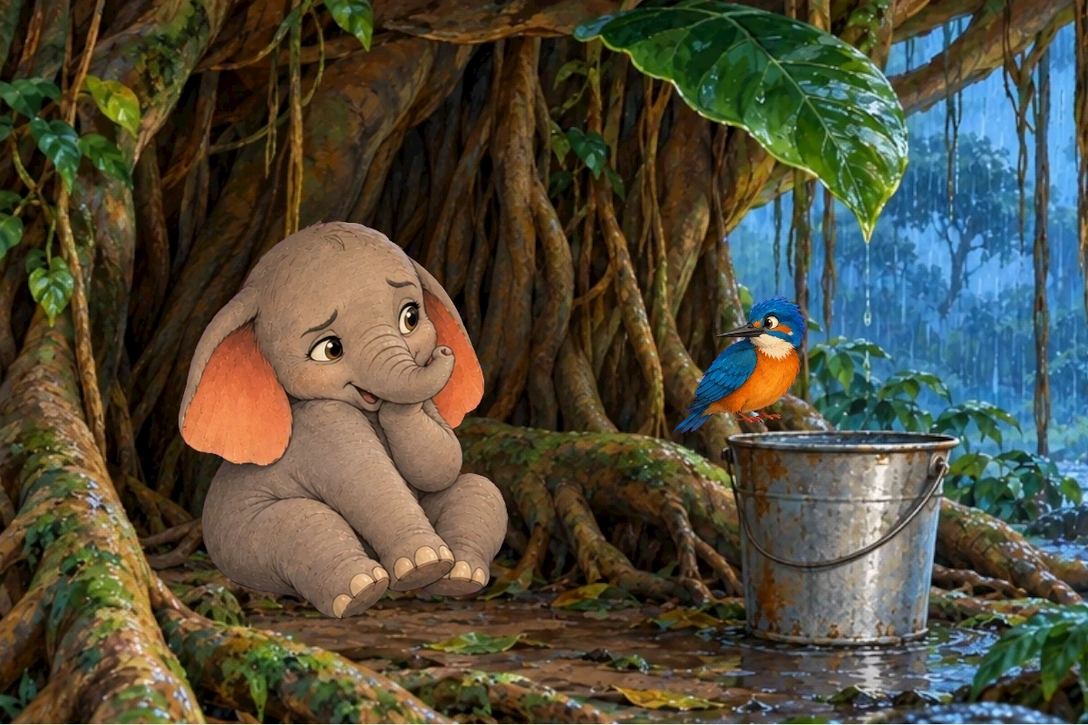 Original ear-splash action: Tumbi seated, Kiki hops away on same root. Clear small bounded splash and unoccupied ground on Tumbi's opposite side.