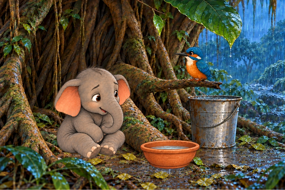 New clay bowl added under second drip, existing bucket stays separate, Tumbi gently pushes bowl along ground with trunk, Kiki perched dry.