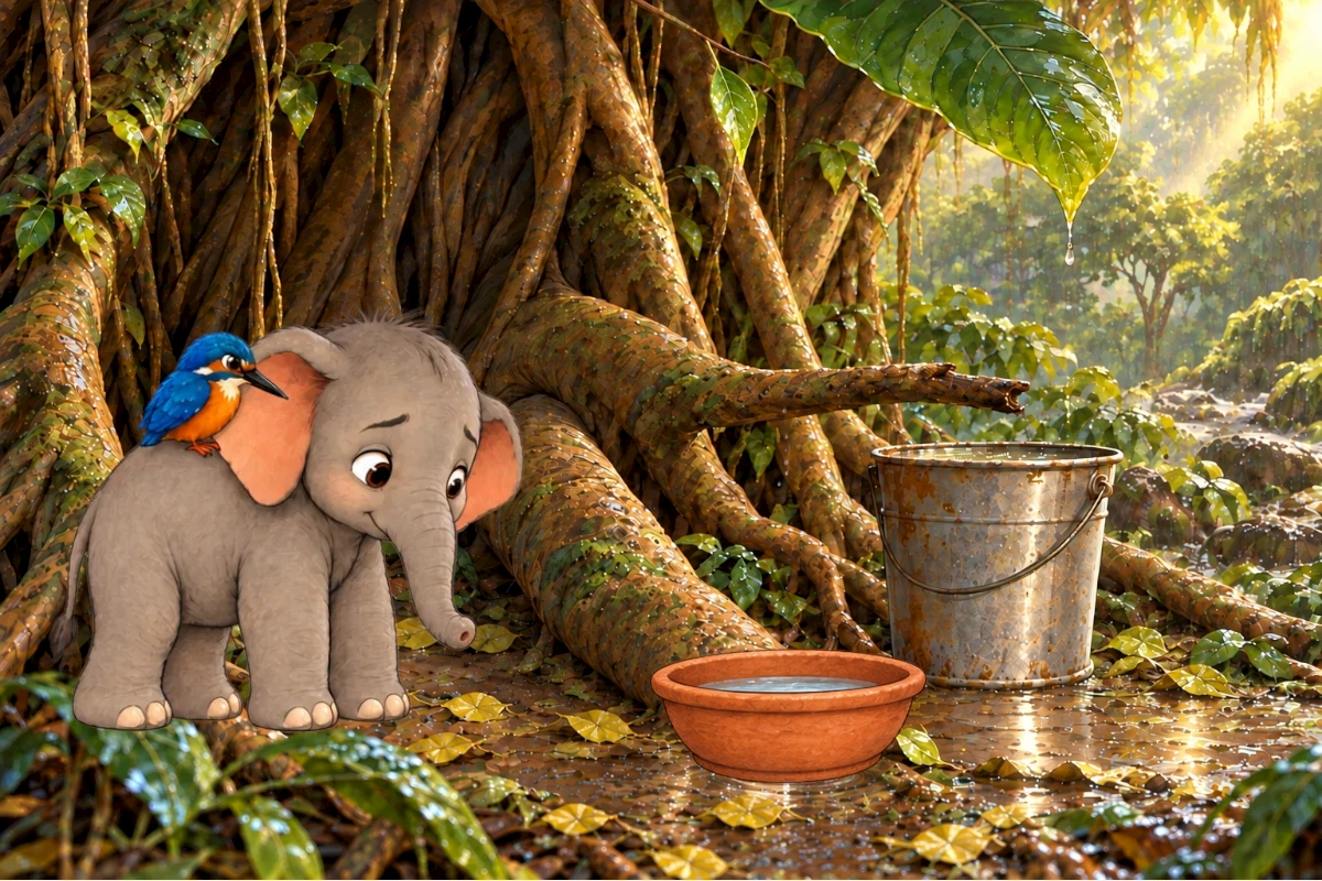 Closing rain moment, bright single bead over metal bucket, Tumbi poised to rise but waits, Kiki gaze directs attention. Keep final drop clear against darker bucket.