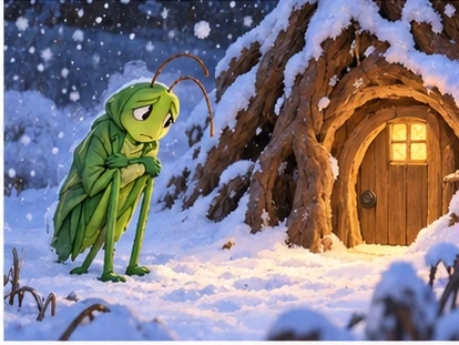Shivering grasshopper outside warm ant doorway under snowy roots.