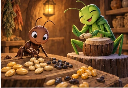 Ant counting seeds while grasshopper plays soft rhythm indoors.