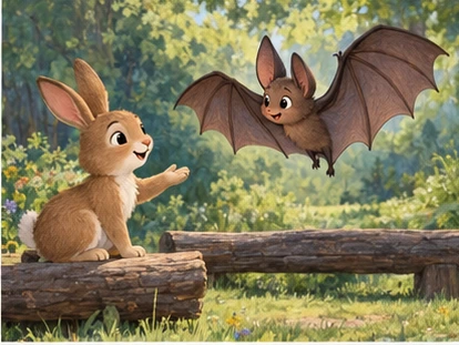 Rabbit inviting bat near ground animals bench, bat spreading wings.