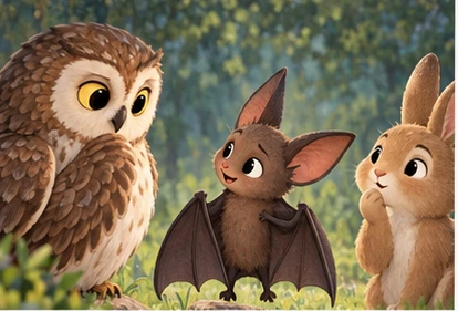 Owl and rabbit questioning bat gently.