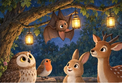 Bat hanging small lanterns safely on branches above shared picnic.