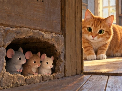 Three mice inside pantry wall nook; tabby cat outside.