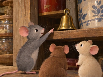 Grey mouse pointing at small brass bell on pantry shelf.