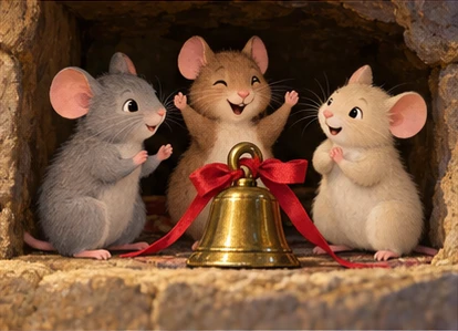 Mice celebrating around bell and red ribbon.
