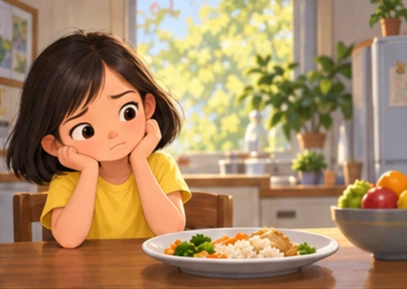 Girl imagining disagreement, meal untouched on table.