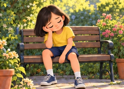 Girl resting tiredly on garden bench, ordinary clothed body.