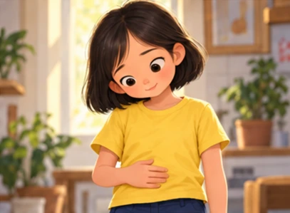 Girl thoughtfully placing hand over clothed belly, no exposed anatomy.