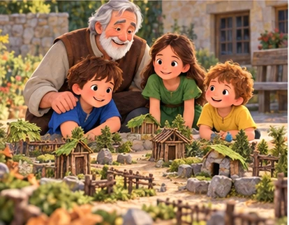Grandfather smiling beside children and completed miniature village.