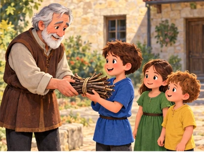 Grandfather offering tied twig bundles to children.