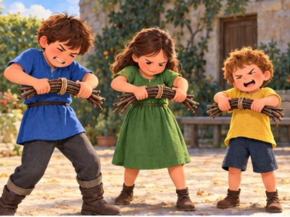 Three children each bending a strong tied bundle.