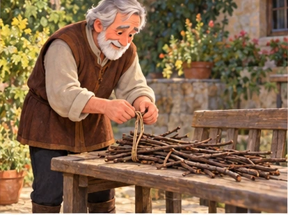 Grandfather untying bundle and laying same twigs on bench.