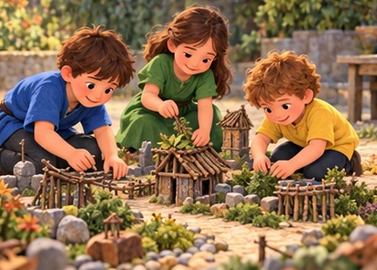 Children building miniature leaf stone and twig village.